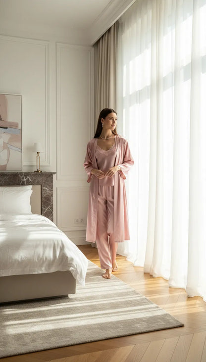 Pyjama Satin Rose Poudré pour Femme | Nuisette à Dentelle & Kimono Manches Longues | Pantalon 3 Pièces - Mise en situation portée