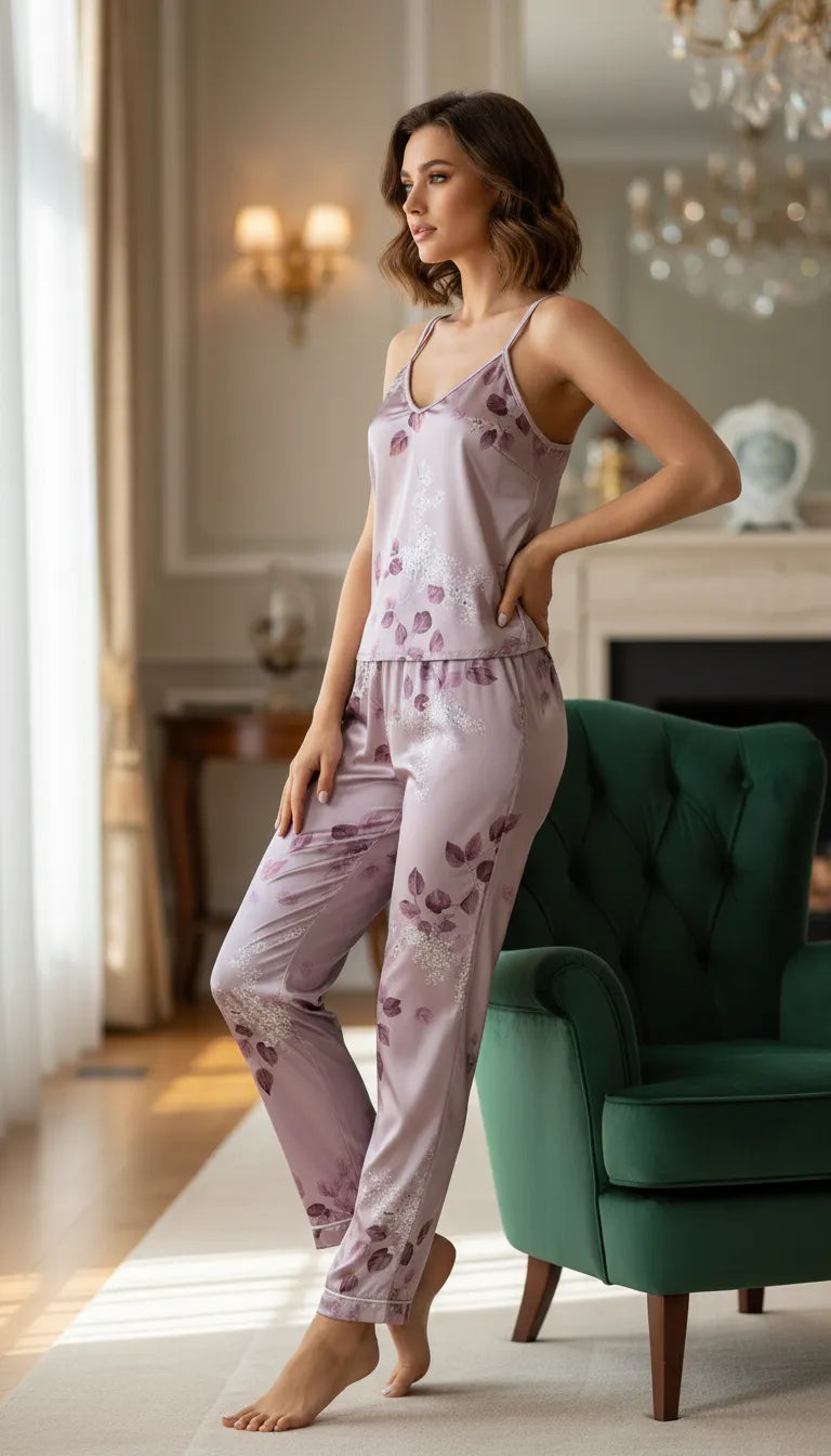 Pyjama Satin Rose Poudré pour Femme | Ensemble Romantique | Débardeur & Pantalon | 2 Pièces - Mise en situation portée