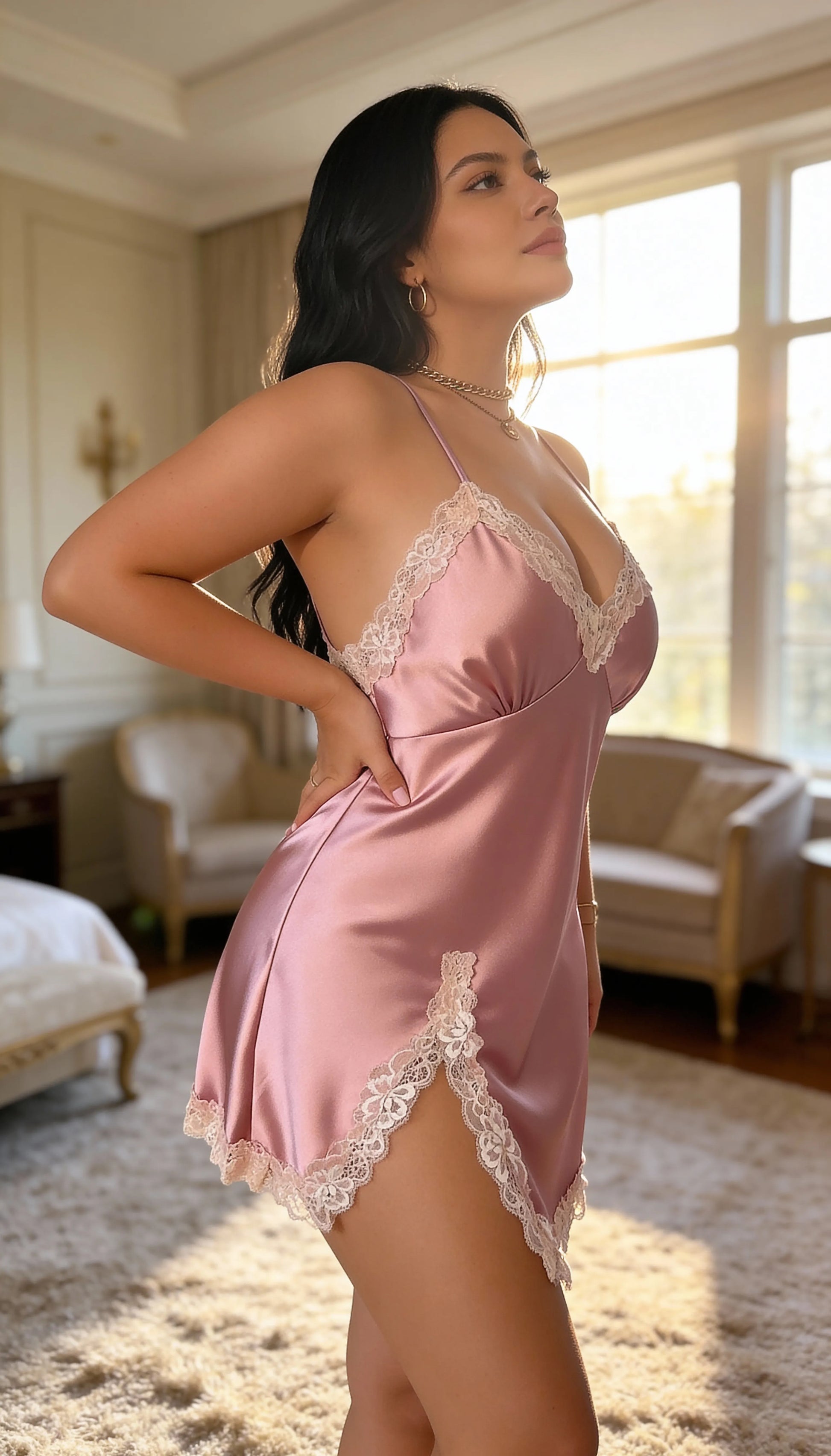 Pyjama Satin Rose Poudré pour Femme | Nuisette Décolletée et Dentelle | 1 Pièce - Mise en situation portée