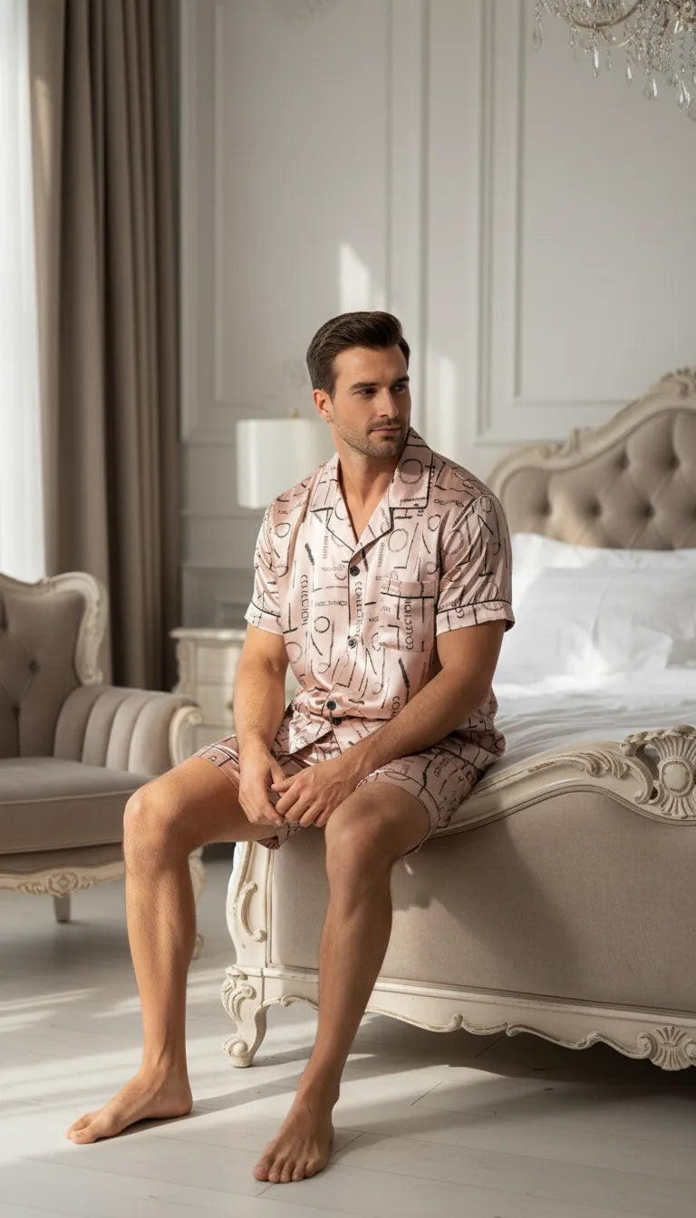 Pyjama Satin Rose Poudré pour Homme | Motif 'Collection' | Chemise Manches Courtes & Short | Ensemble 2 Pièces - Mise en situation portée