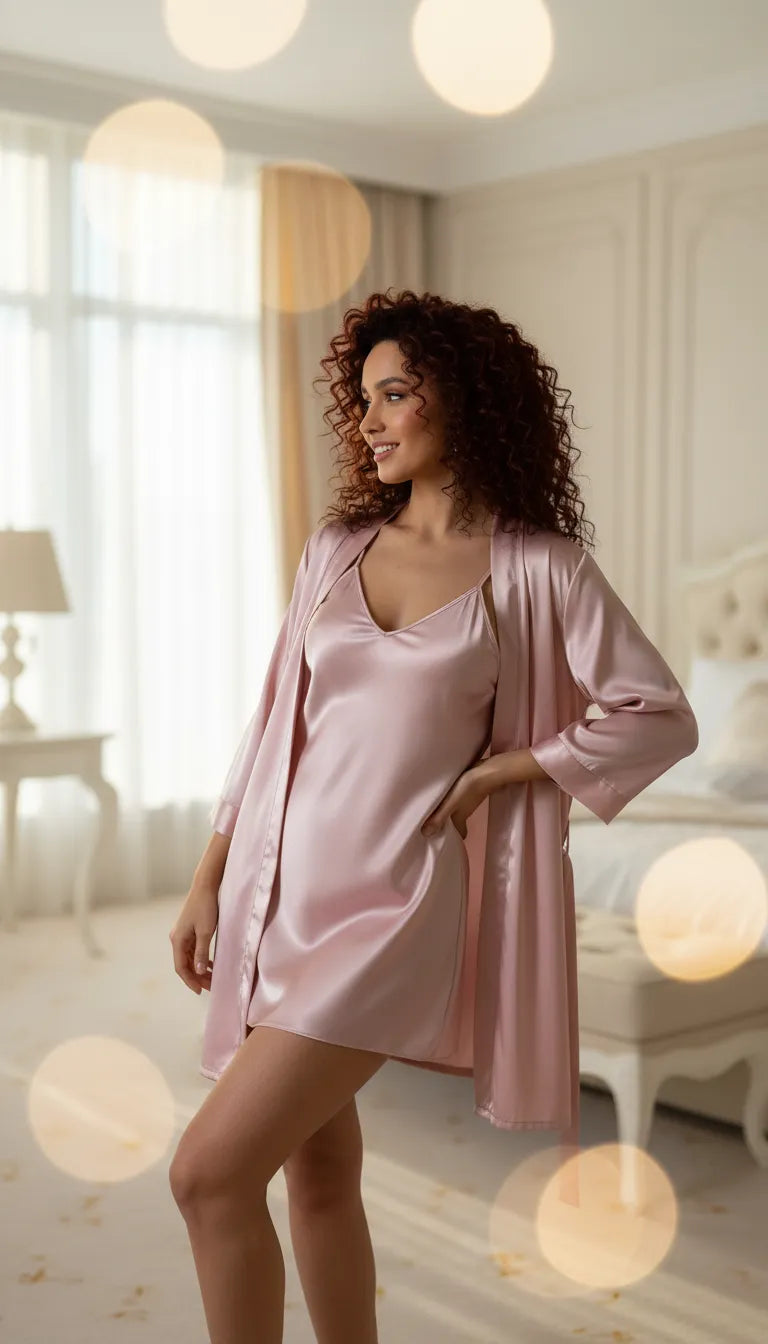 Pyjama Satin Rose Poudré pour Femme | Nuisette Décolletée & Kimono Fluide | Ensemble 2 Pièces - Mise en situation portée