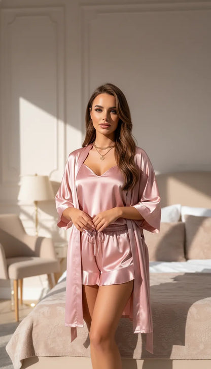 Pyjama Satin Rose Poudré pour Femme | Ensemble Kimono & Débardeur & Short Volants | 3 Pièces - Mise en situation portée