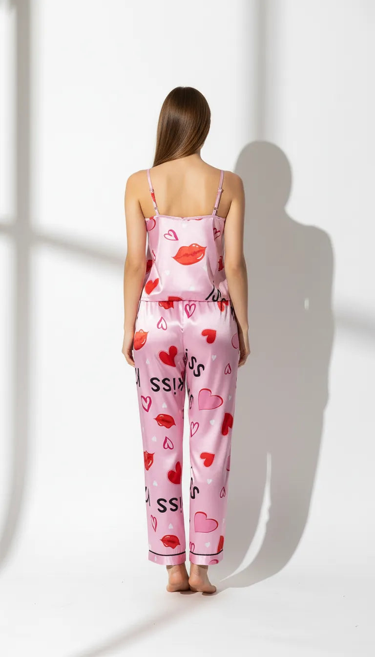Pyjama Satin Rose Romantique pour Femme | Débardeur à fines bretelles & Pantalon imprimé cœurs et baisers | Ensemble 2 Pièces - Vue de dos
