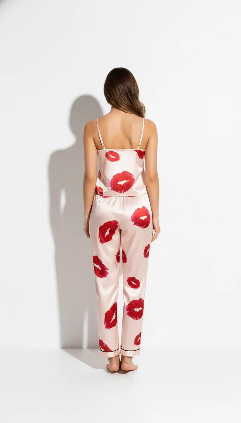 Pyjama Satin Rose & Rouge Baisers Femme | Ensemble Débardeur et Pantalon Fluide 2 Pièces - Vue de dos
