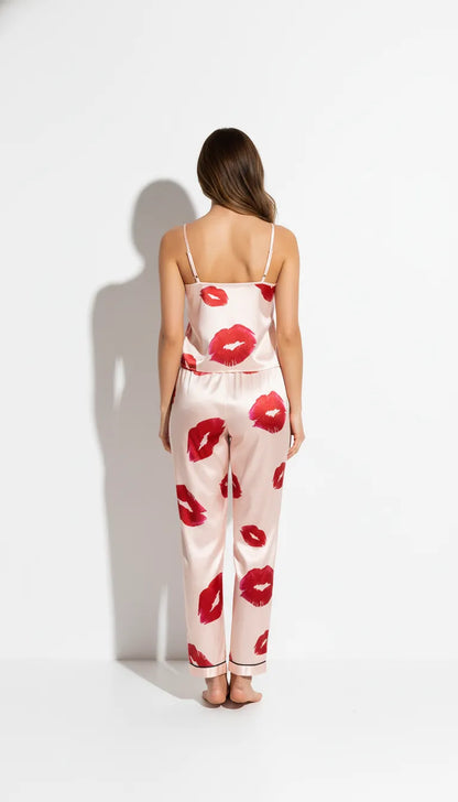 Pyjama Satin Rose & Rouge Baisers Femme | Ensemble Débardeur et Pantalon Fluide 2 Pièces - Vue de dos