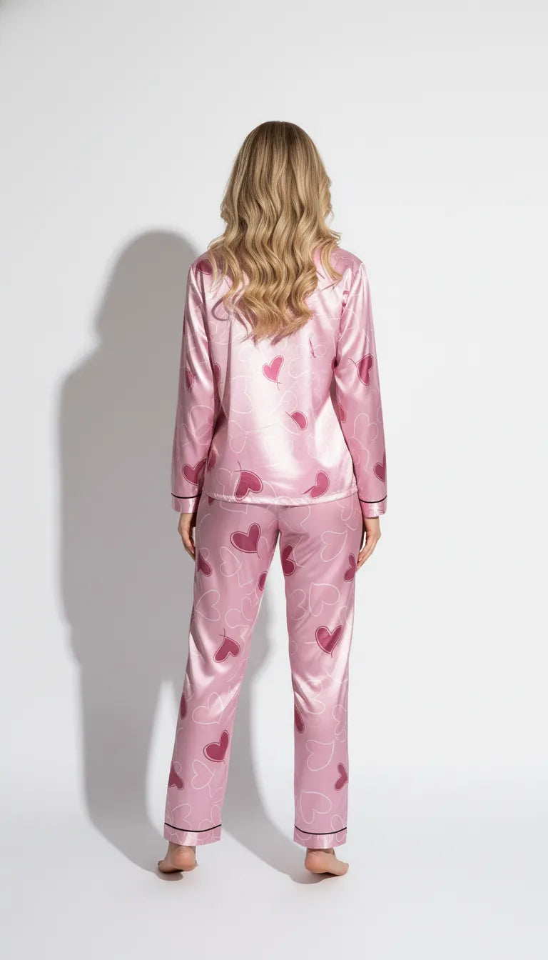 Pyjama Satin Rose à Coeurs Romantiques pour Femme | Ensemble Chemise Manches Longues & Pantalon | 2 Pièces - Vue de dos