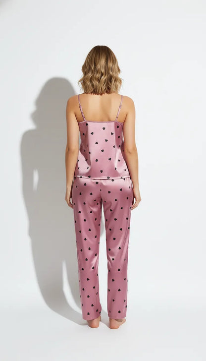 Pyjama Satin Rose à Coeurs Noirs pour Femme | Débardeur et Pantalon Fluide 2 Pièces - Vue de dos
