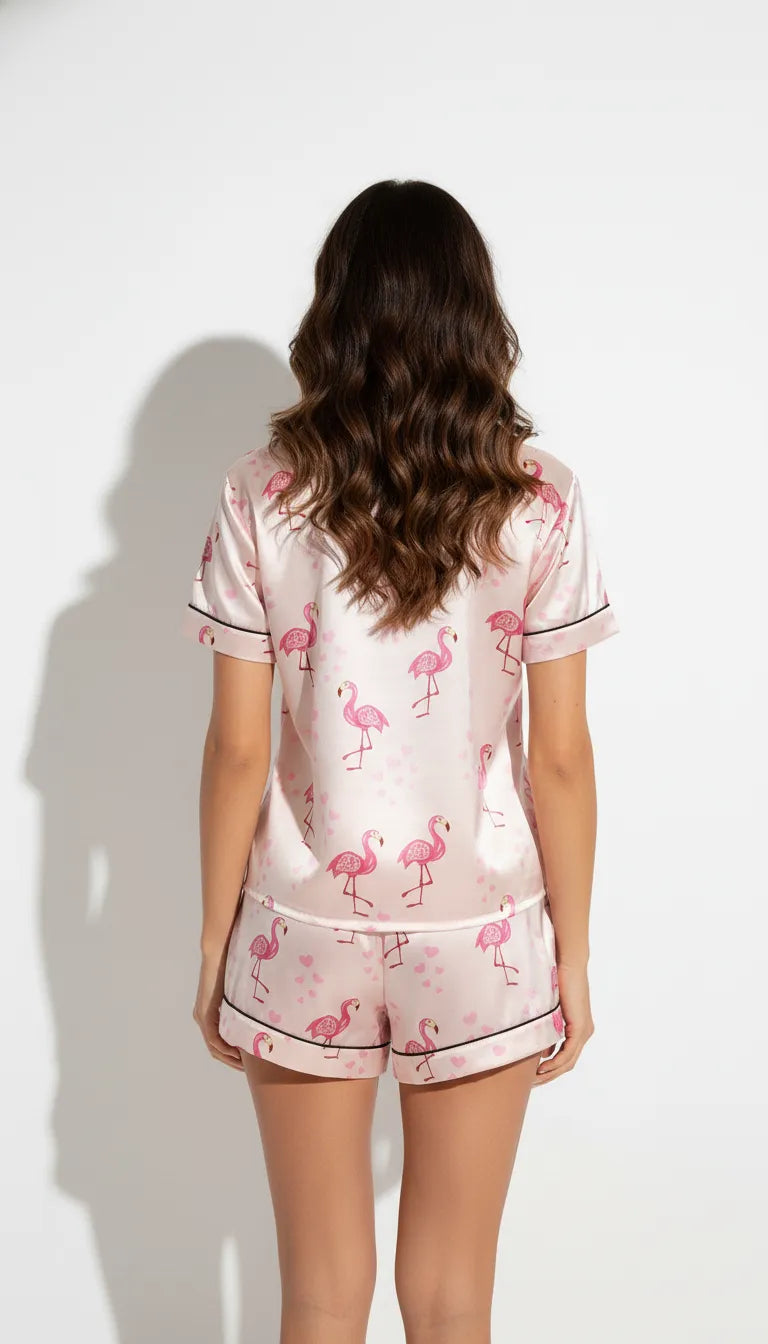 Pyjama Satin Rose à Flamants Roses pour Femme | Short et Chemise Manches Courtes | Ensemble 2 Pièces - Vue de dos