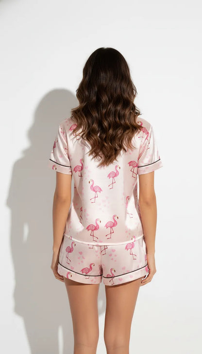 Pyjama Satin Rose à Flamants Roses pour Femme | Short et Chemise Manches Courtes | Ensemble 2 Pièces - Vue de dos