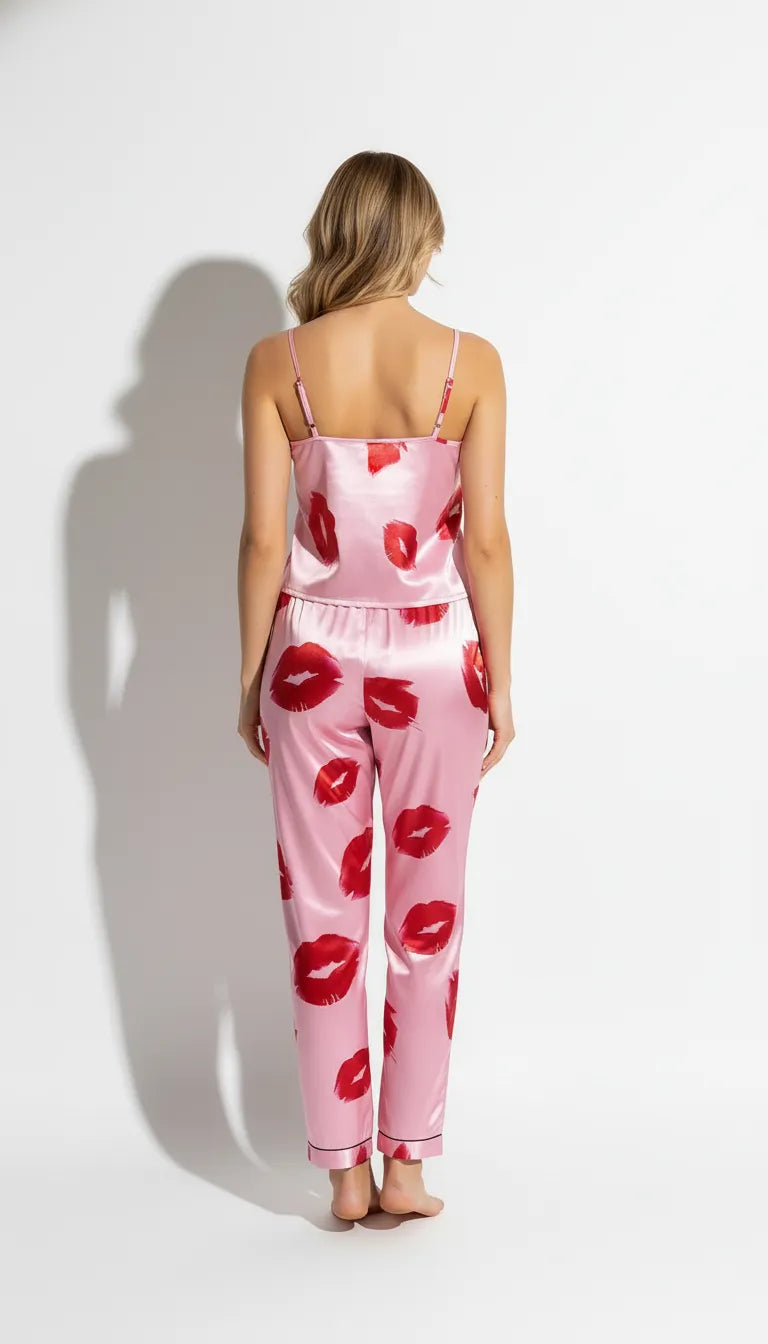 Pyjama Satin Rose à Motifs Baisers pour Femme | Débardeur et Pantalon | Ensemble 2 Pièces - Vue de dos