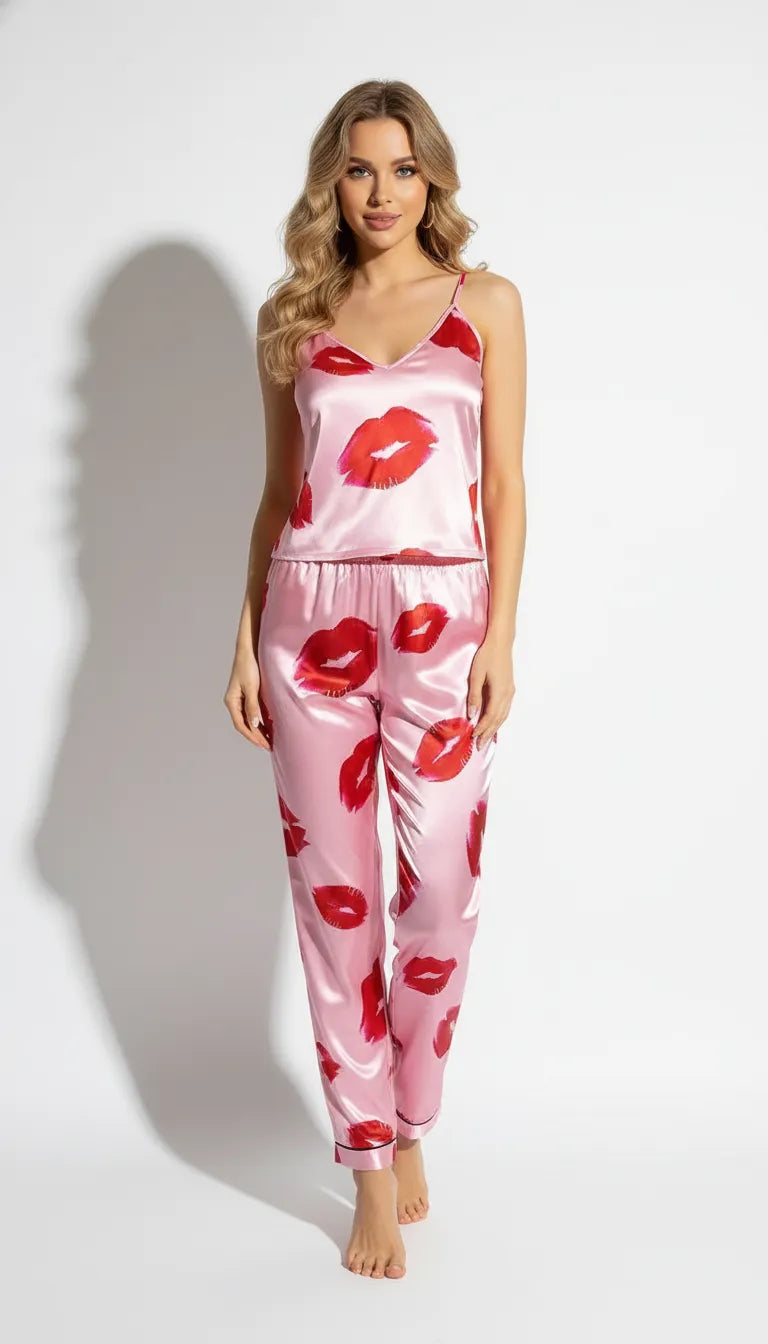 Pyjama Satin Rose à Motifs Baisers pour Femme | Débardeur et Pantalon | Ensemble 2 Pièces - Vue de face