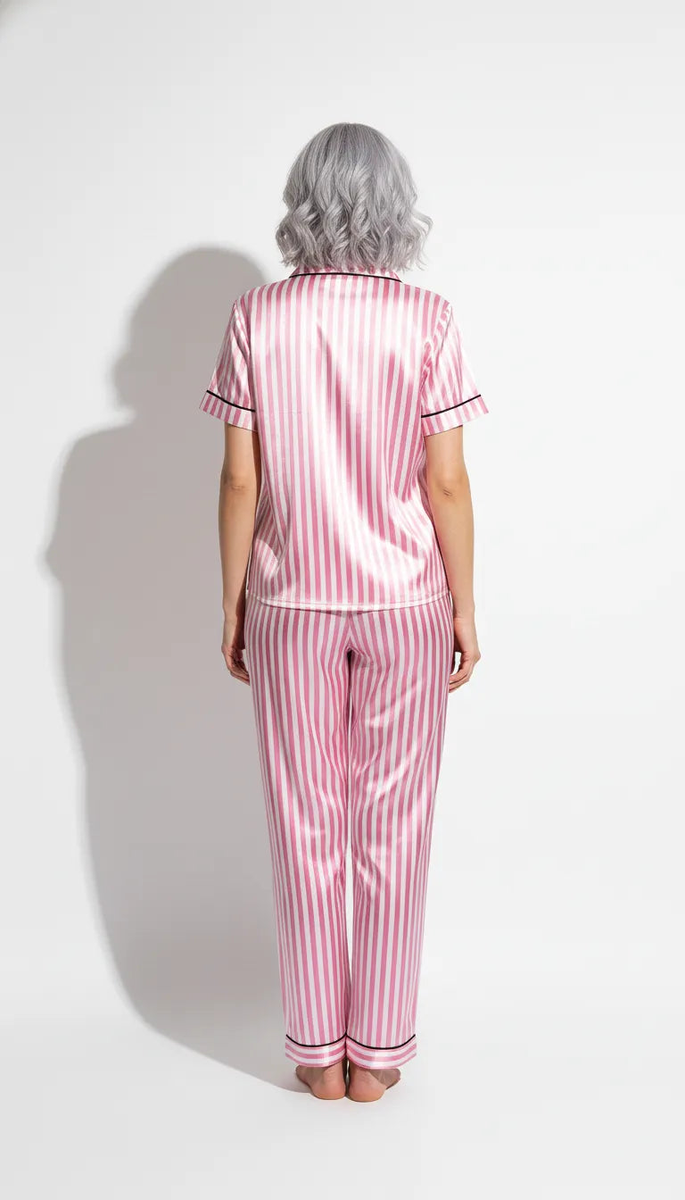 Pyjama Satin Rose à Rayures pour Femme | Moderne et Chic | Chemise Manches Courtes & Pantalon | Ensemble 2 Pièces. - Vue de dos