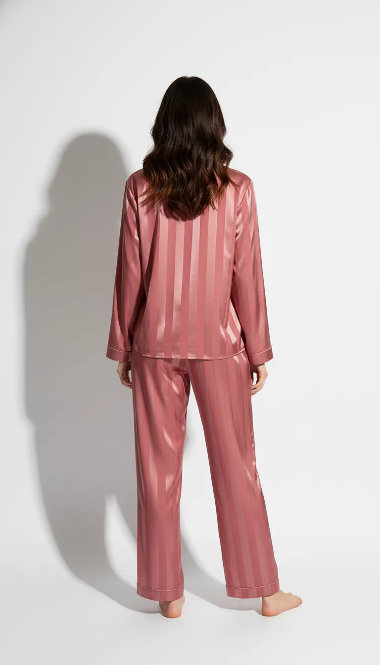 Pyjama Satin Rose à Rayures pour Femme | Chemise à Manches Longues & Pantalon | 2 Pièces - Vue de dos
