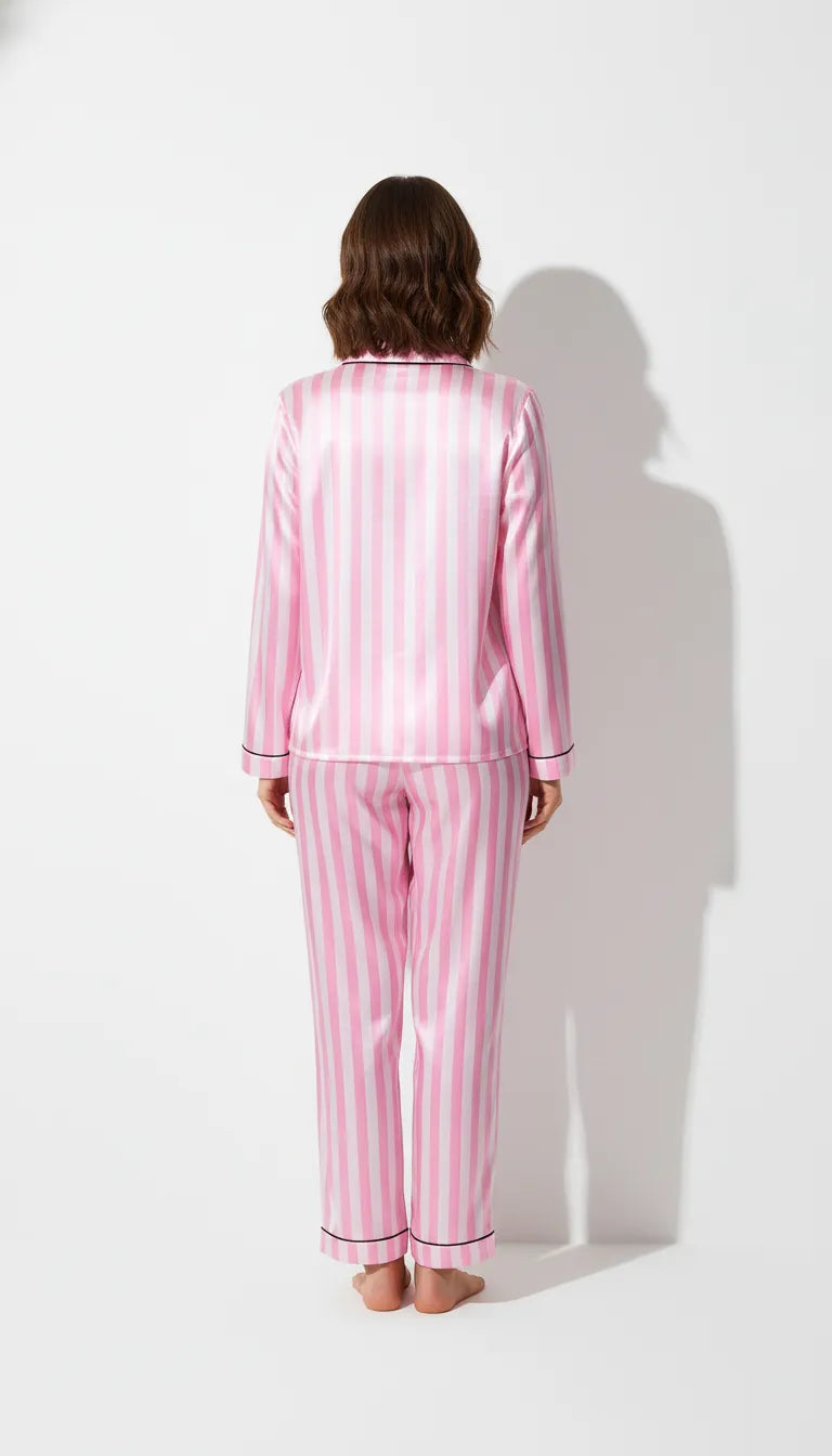 Pyjama Satin Rose à Rayures pour Femme | Ensemble Chemise Manches Longues & Pantalon | 2 Pièces - Vue de dos