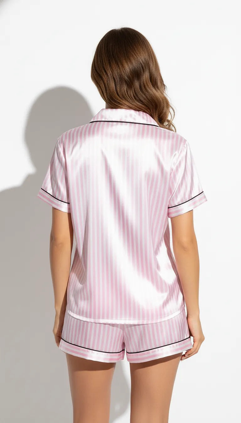 Pyjama Satin Rose à Rayures pour Femme | Ensemble Short & Chemise Manches Courtes 2 Pièces - Vue de dos