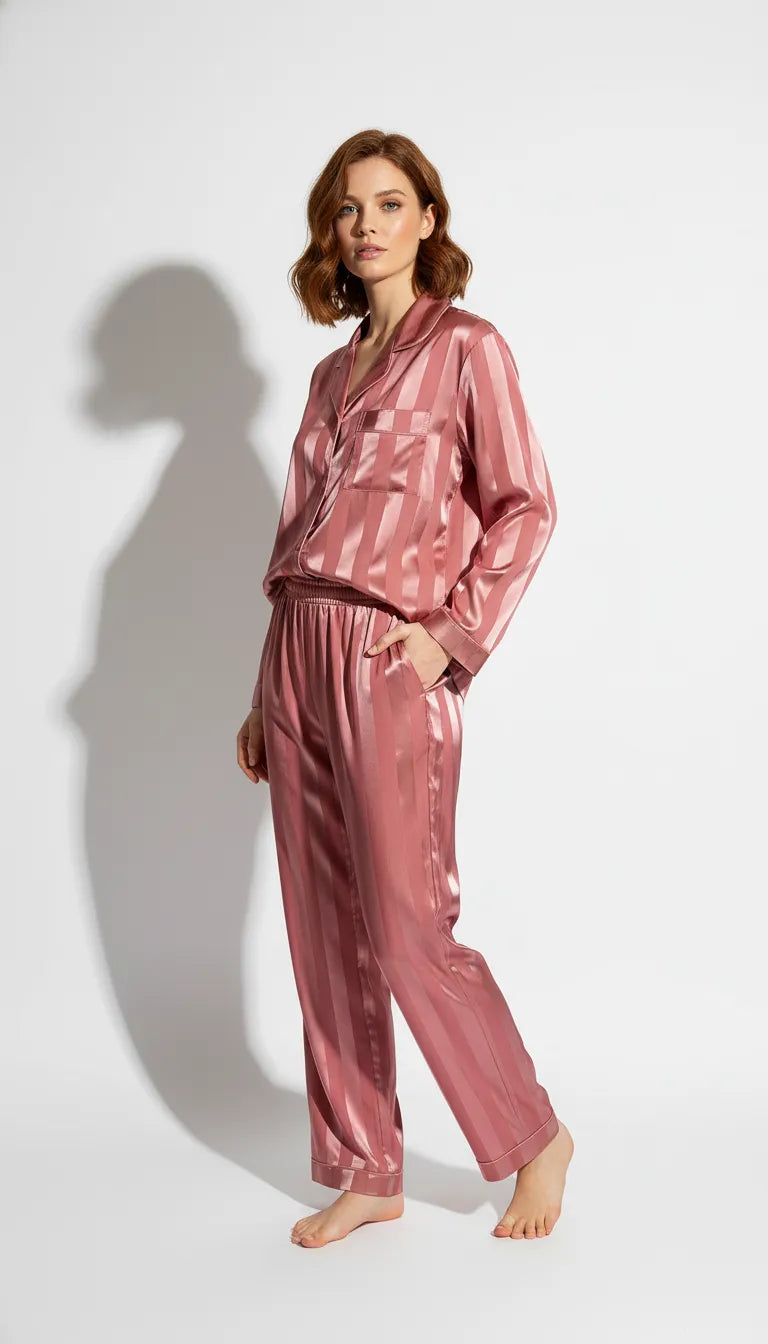 Pyjama Satin Rose à Rayures pour Femme | Chemise à Manches Longues & Pantalon | 2 Pièces - Vue de face