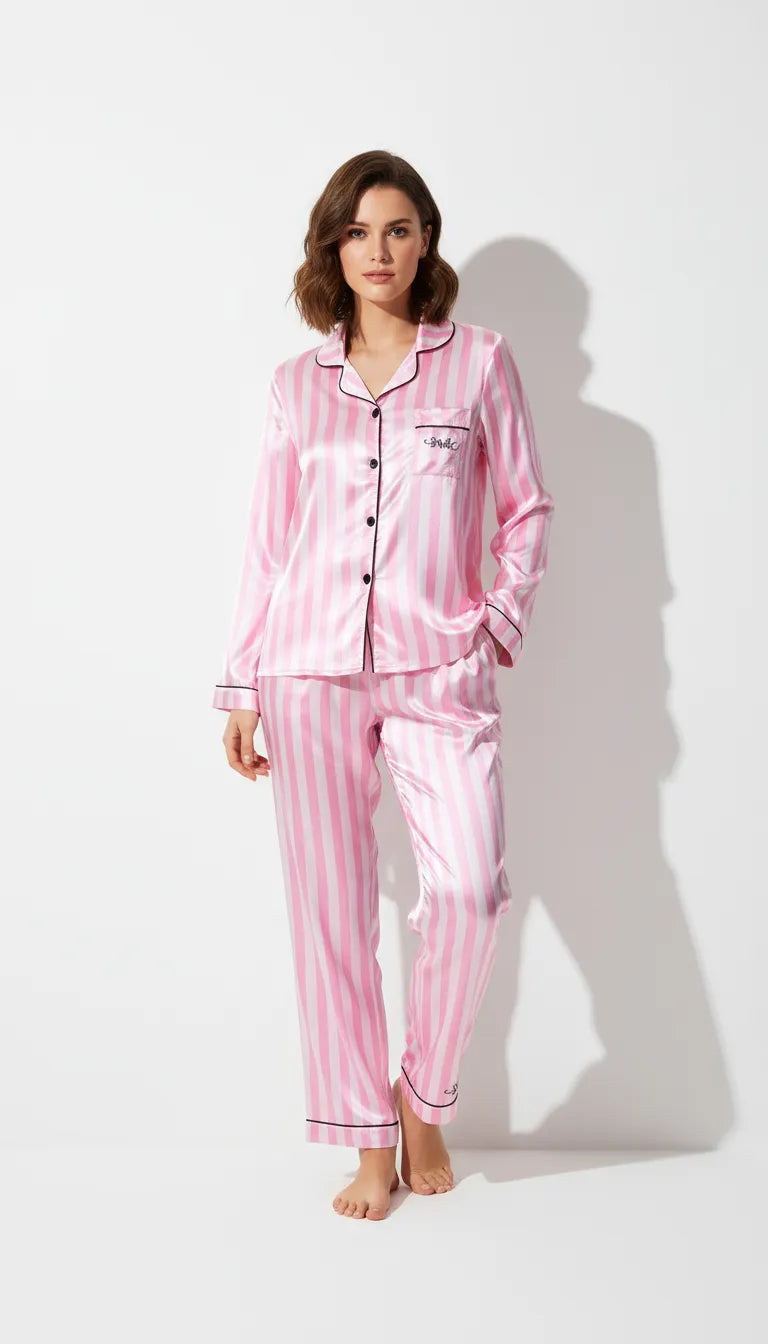 Pyjama Satin Rose à Rayures pour Femme | Ensemble Chemise Manches Longues & Pantalon | 2 Pièces - Vue de face