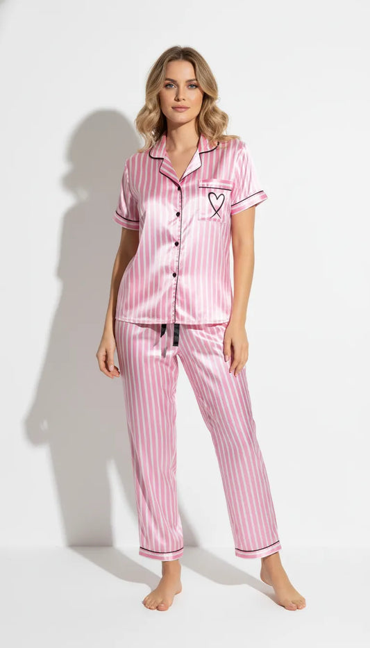 Pyjama Satin Rose à Rayures pour Femme | Ensemble 2 Pièces : Chemise Manches Courtes & Pantalon - Vue de face