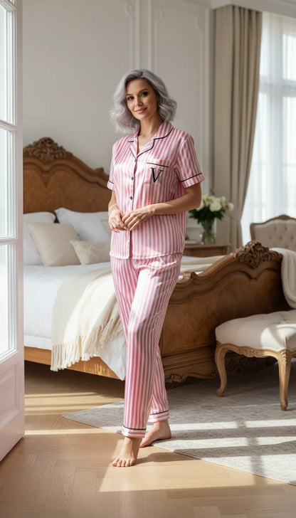 Pyjama Satin Rose à Rayures pour Femme | Moderne et Chic | Chemise Manches Courtes & Pantalon | Ensemble 2 Pièces. - Mise en situation portée