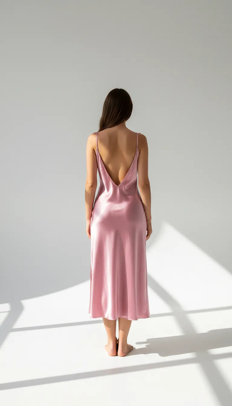 Pyjama Satin Rose pour Femme | Nuisette Longue Décolleté Plongeant et Fendue | 1 Pièce - Vue de dos