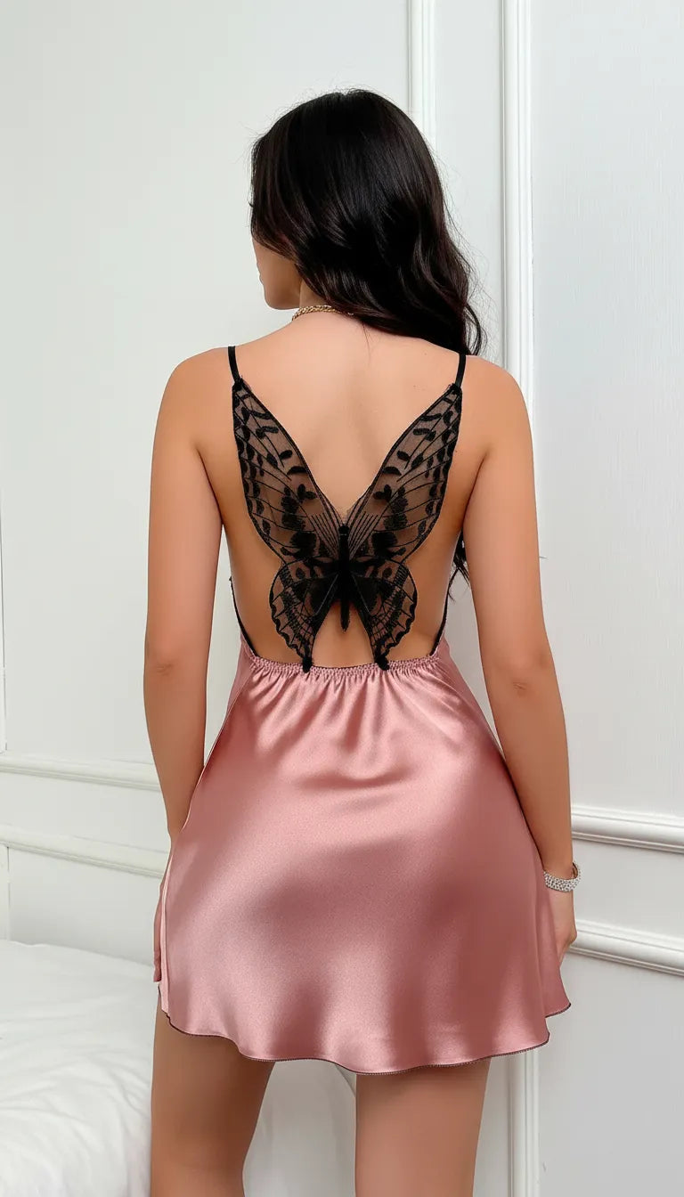 Pyjama Satin Rose pour Femme | Nuisette Dos Nu Papillon en Dentelle | 1 Pièce - Vue de dos