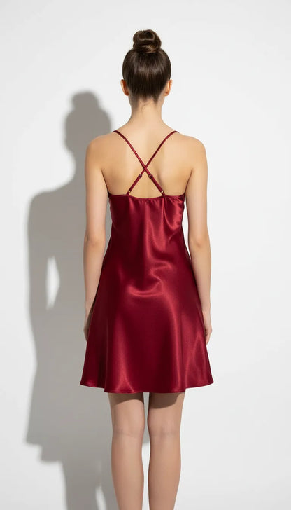 Pyjama Satin Rouge | Nuisette Femme Dentelle | 1 Pièce - Vue de dos