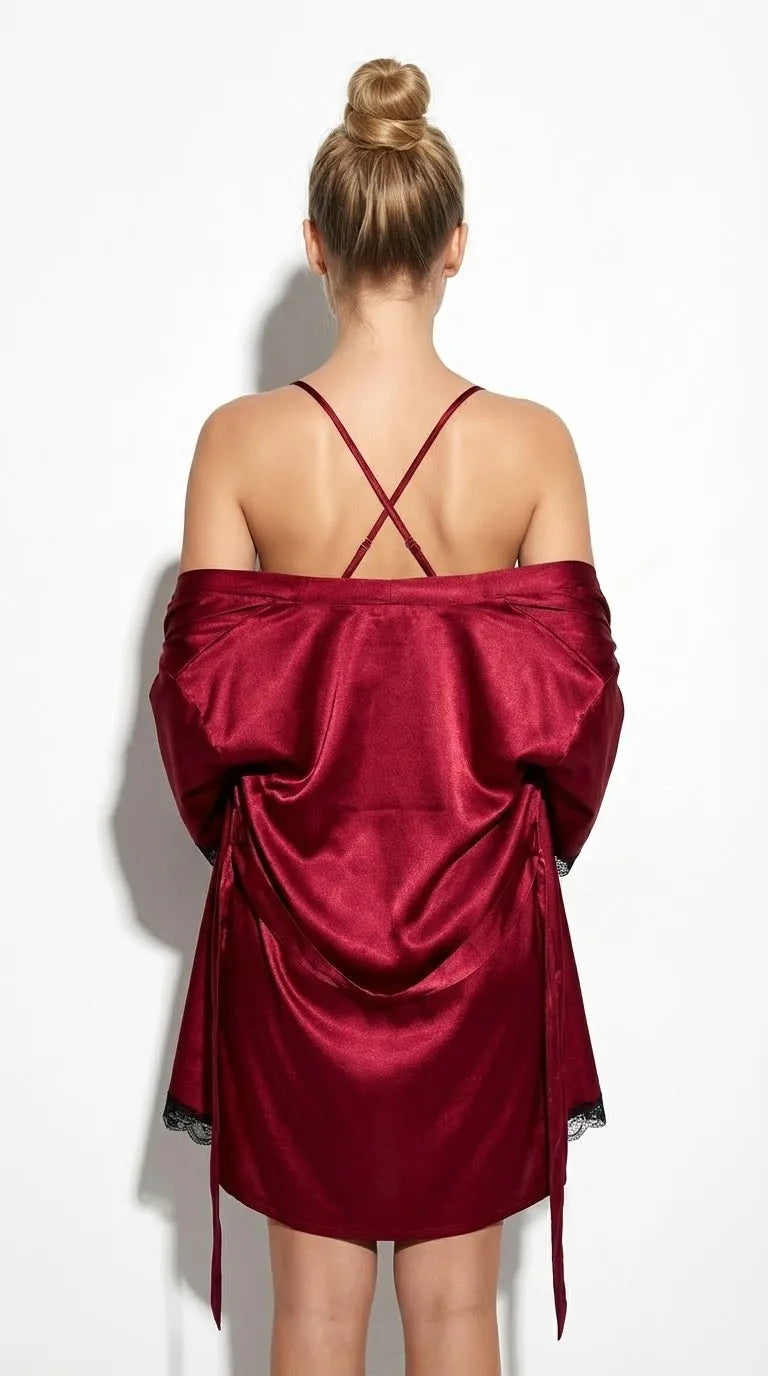 Pyjama Satin Rouge | Nuisette Romantique avec Kimono Femme | 2 Pièces - Vue de dos
