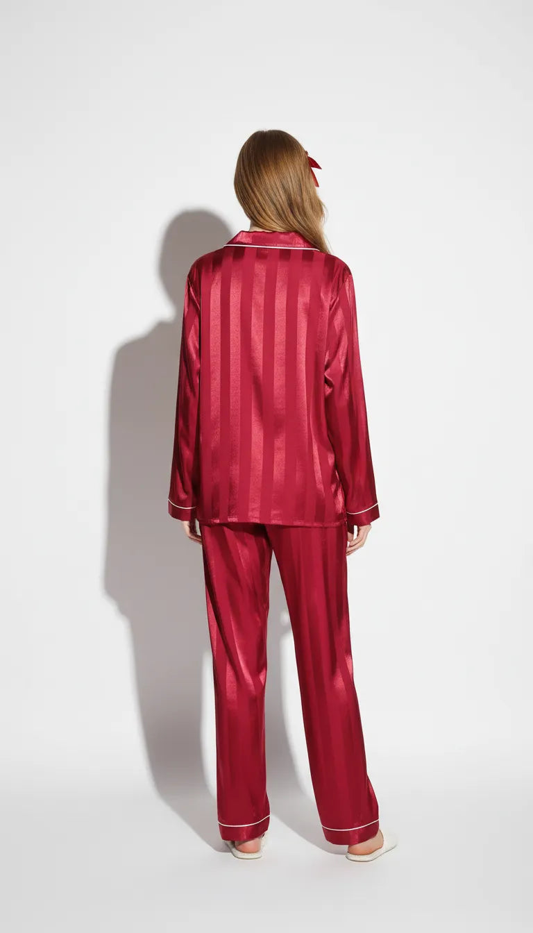 Pyjama Satin Rouge | Romantique | Chemise et Pantalon Femme | Ensemble 2 Pièces - Vue de dos