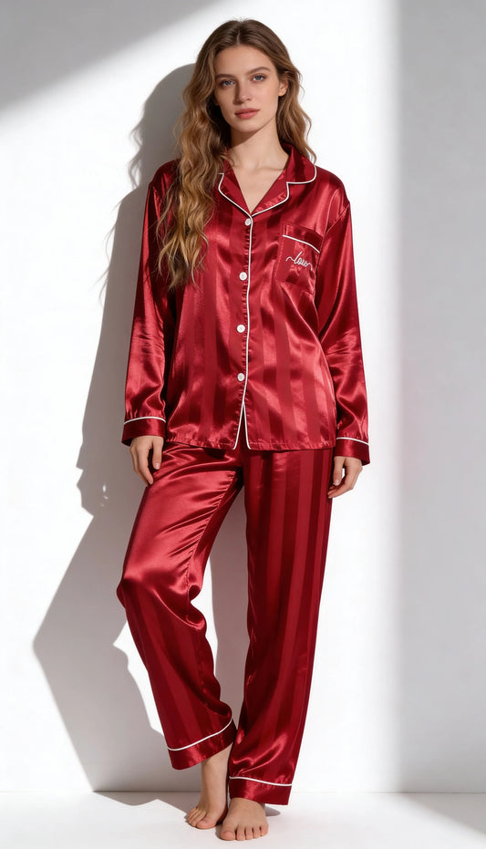 Pyjama Satin Rouge | Romantique | Chemise et Pantalon Femme | Ensemble 2 Pièces - Vue de face