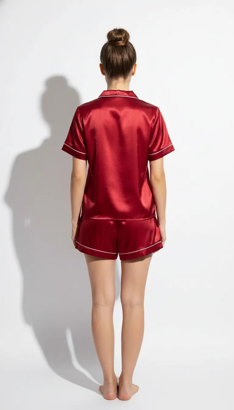 Pyjama Satin Rouge Bordeaux Femme | Ensemble Short et Chemise Manches Courtes | 2 Pièces - Vue de dos