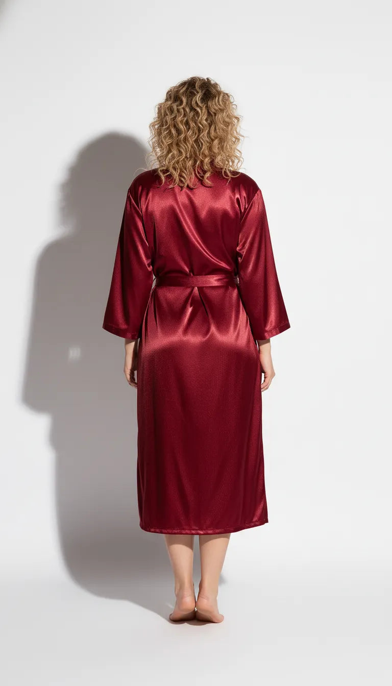 Pyjama Satin Rouge Bordeaux Femme | Nuisette Décolletée et Kimono Long | Ensemble 2 Pièces - Vue de dos