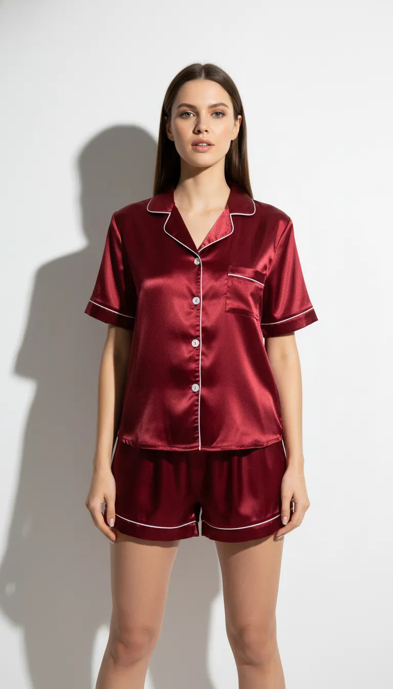 Pyjama Satin Rouge Bordeaux Femme | Ensemble Short et Chemise Manches Courtes | 2 Pièces - Vue de face