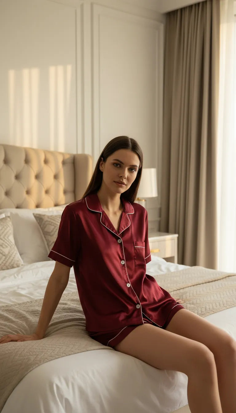 Pyjama Satin Rouge Bordeaux Femme | Ensemble Short et Chemise Manches Courtes | 2 Pièces - Mise en situation portée