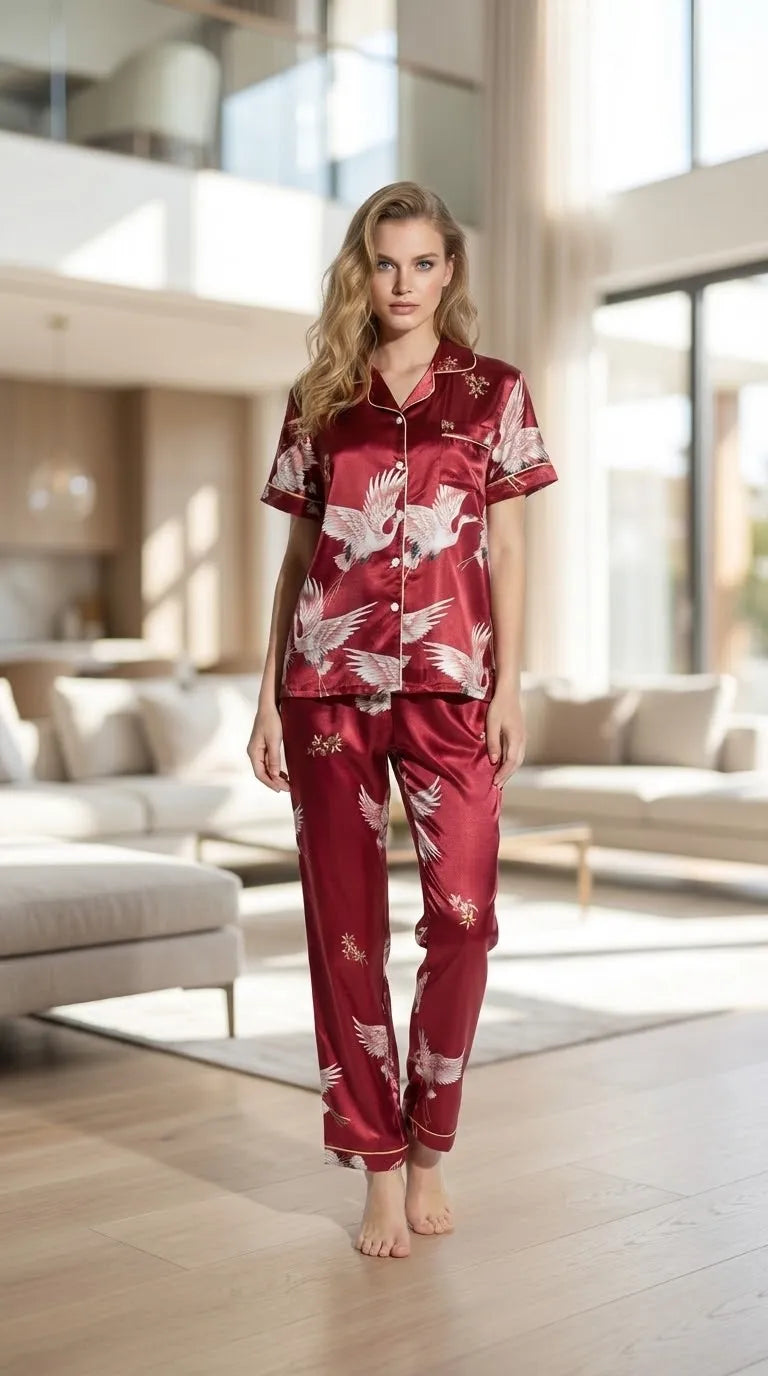 Pyjama Satin Rouge Bordeaux Orné de Grues | Femme | Chemise Manches Courtes & Pantalon | Ensemble 2 Pièces - Mise en situation portée