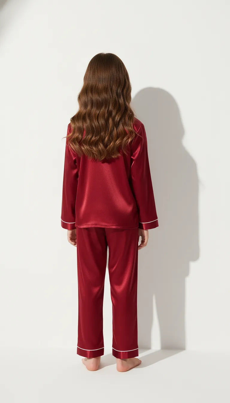 Pyjama Satin Rouge Bordeaux pour Enfants | Classique et Élégant | Ensemble 2 Pièces - Vue de dos