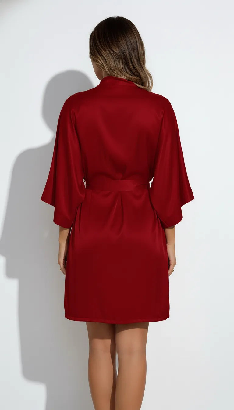 Pyjama Satin Rouge Bordeaux pour Femme | Kimono Long Fluide | Ceinture | 1 Pièce - Vue de dos