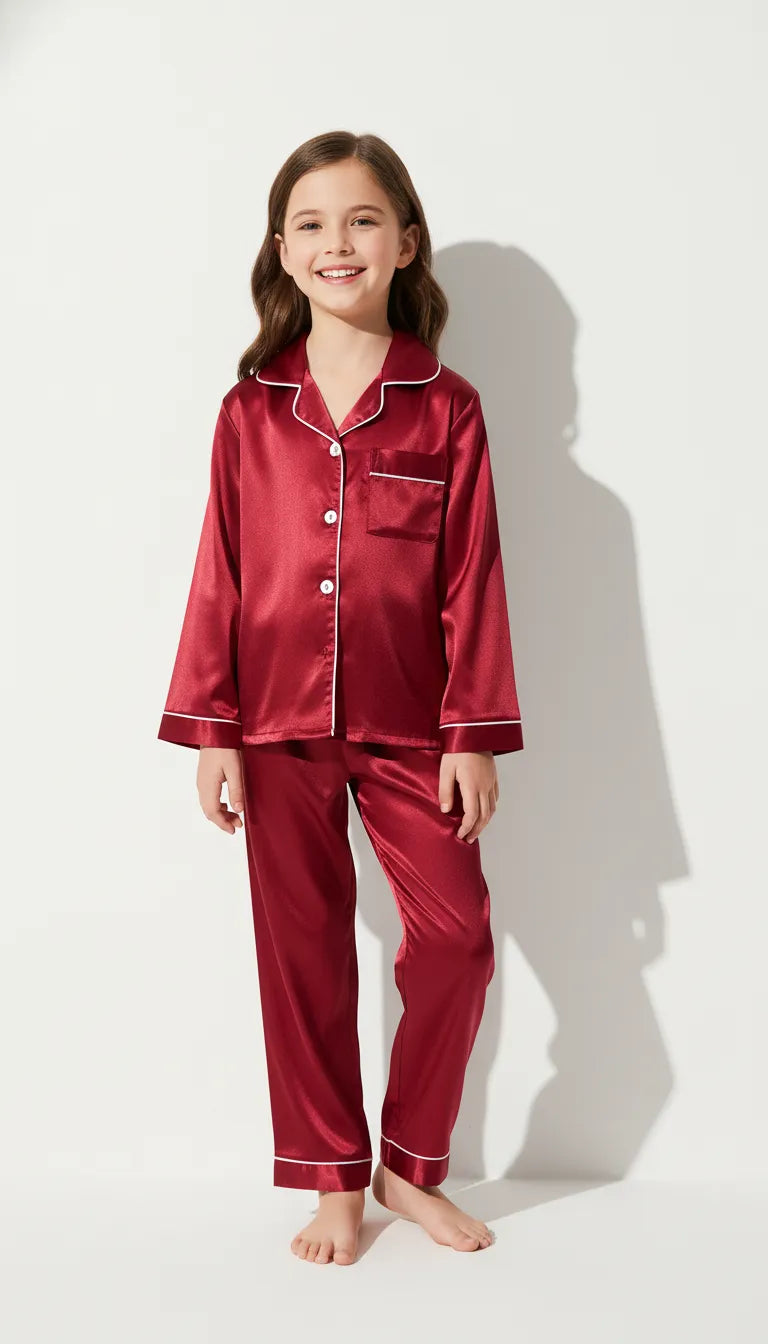Pyjama Satin Rouge Bordeaux pour Enfants | Classique et Élégant | Ensemble 2 Pièces - Vue de face