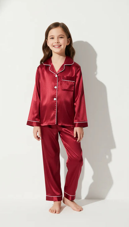 Pyjama Satin Rouge Bordeaux pour Enfants | Classique et Élégant | Ensemble 2 Pièces - Vue de face