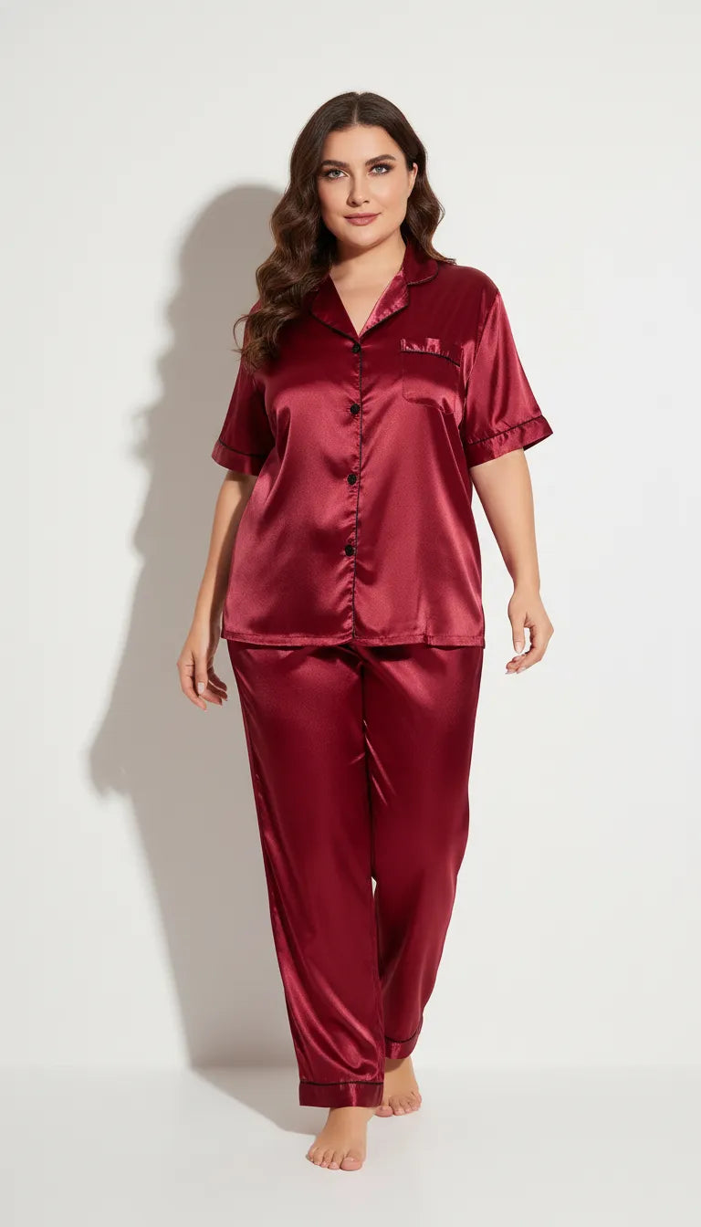 Pyjama Satin Rouge Bordeaux pour Femme | Classique Élégant | Chemise à Manches Courtes et Pantalon | 2 Pièces - Vue de face