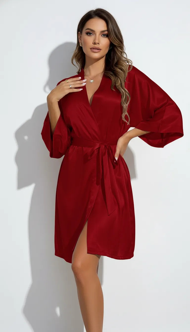 Pyjama Satin Rouge Bordeaux pour Femme | Kimono Long Fluide | Ceinture | 1 Pièce - Vue de face
