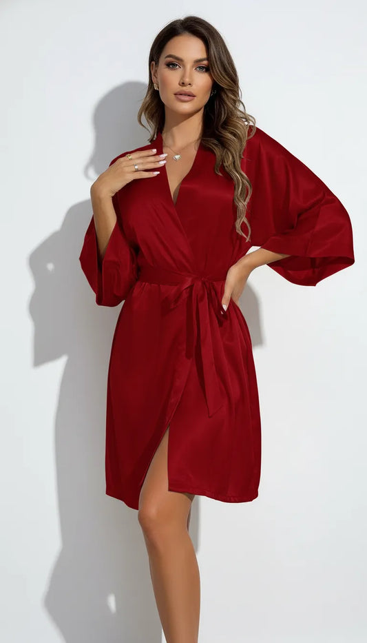 Pyjama Satin Rouge Bordeaux pour Femme | Kimono Long Fluide | Ceinture | 1 Pièce - Vue de face