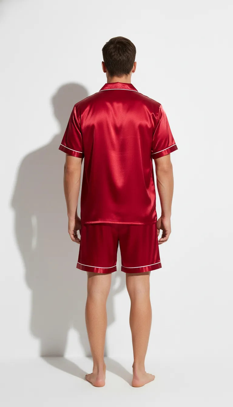 Pyjama Satin Rouge Écarlate pour Homme | Chemise à Manches Courtes et Short | Ensemble 2 Pièces - Vue de dos