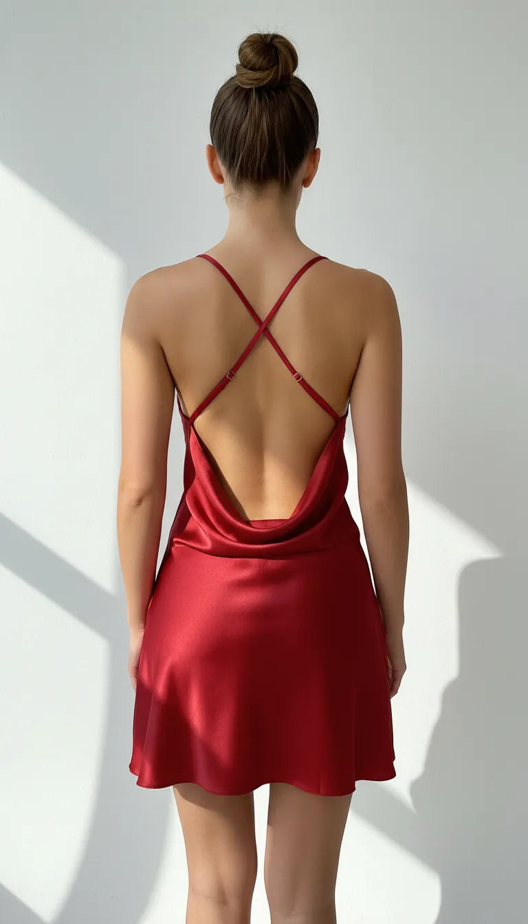 Pyjama Satin Rouge Écarlate pour Femme | Nuisette Décolletée | Bretelles Fines | 1 Pièce - Vue de dos