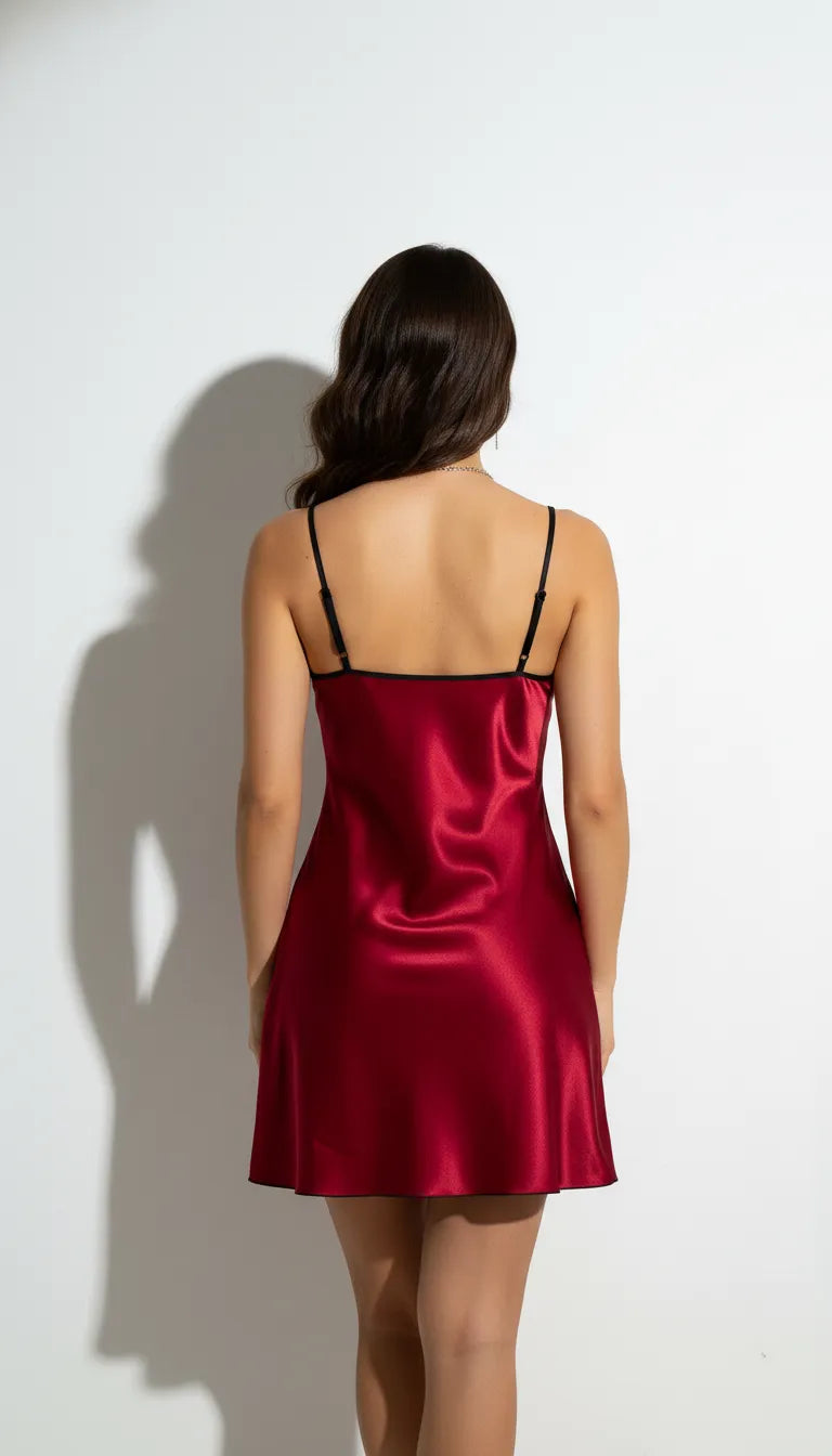 Pyjama Satin Rouge Écarlate pour Femme | Nuisette avec Détails Noirs | 1 Pièce - Vue de dos