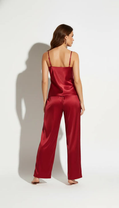 Pyjama Satin Rouge Écarlate pour Femme | Ensemble Débardeur et Pantalon Fluide 2 Pièces - Vue de dos