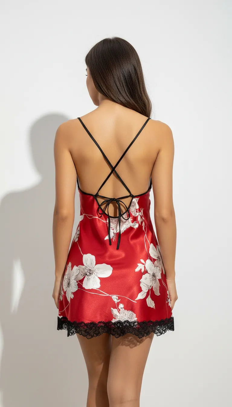 Pyjama Satin Rouge Écarlate pour Femme | Nuisette Romantique Dentelle Florale | 1 Pièce - Vue de dos