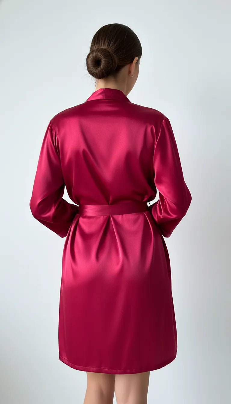 Pyjama Satin Rouge Écarlate pour Femme | Kimono Long Romantique | 1 Pièce - Vue de dos