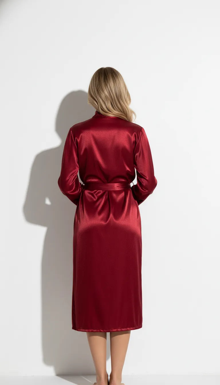 Pyjama Satin Rouge Écarlate pour Femme | Kimono Long Drapé Fendu | 1 Pièce - Vue de dos
