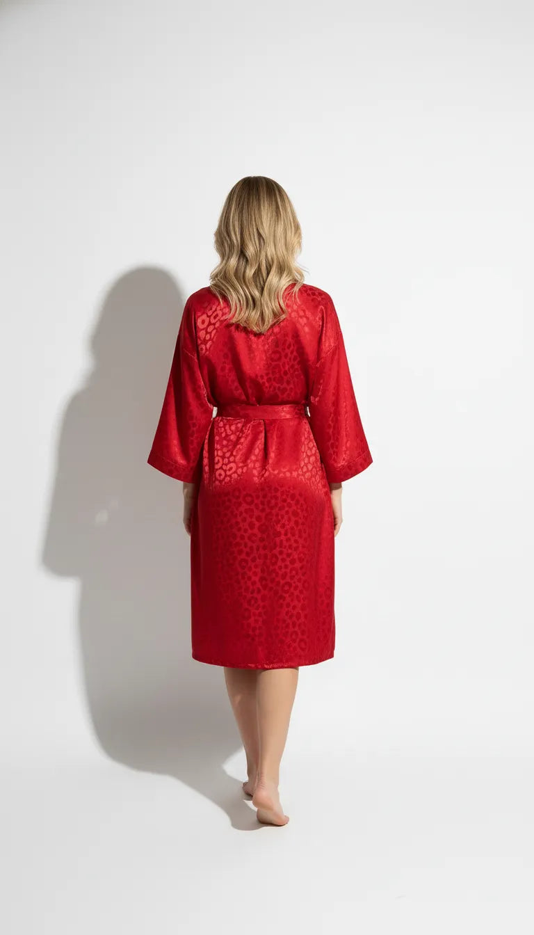 Pyjama Satin Rouge Écarlate pour Femme | Kimono Long à Motif Animalier | 1 Pièce - Vue de dos