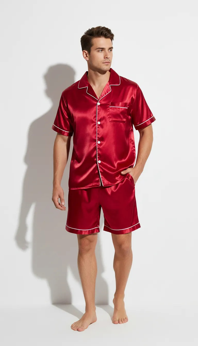 Pyjama Satin Rouge Écarlate pour Homme | Chemise à Manches Courtes et Short | Ensemble 2 Pièces - Vue de face